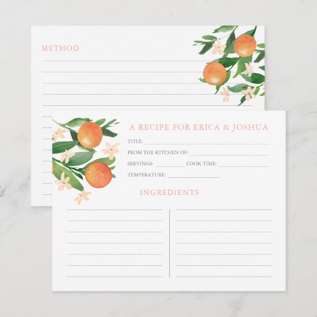 Tarjetas de Recetas de Ducha Nupcial con Naranjas  (Anverso / Reverso)