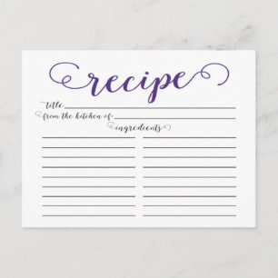 Tarjetas de recetas de la ducha con guión morado m