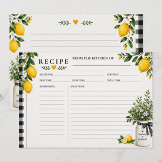 Tarjetas de Recetas de Limones Rústicos de Cuadros