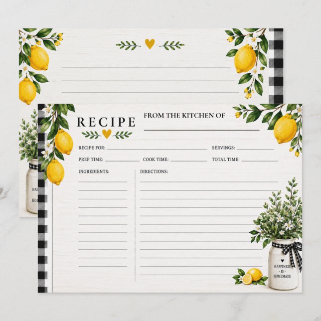 Tarjetas de Recetas de Limones Rústicos de Cuadros (Anverso / Reverso)