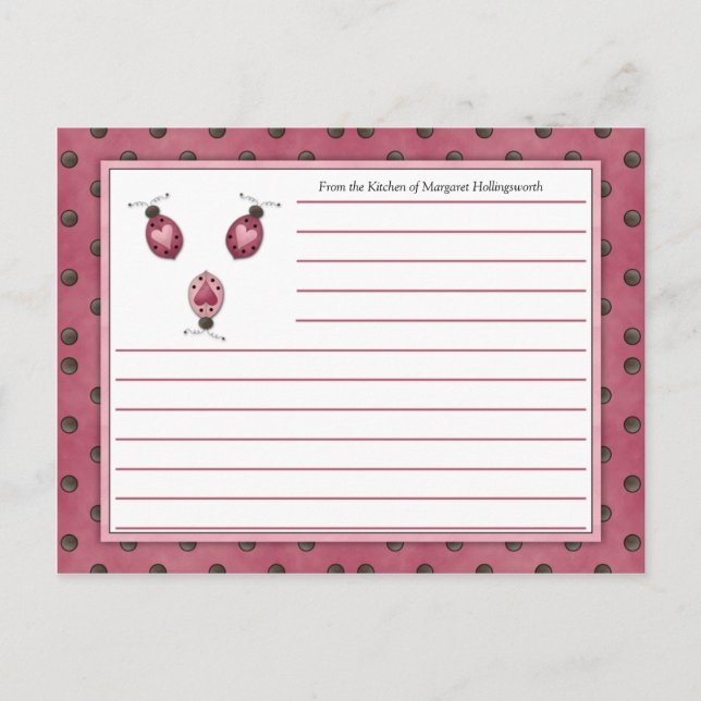 Tarjetas de Recetas de Mariquitas Rosadas Campestr (Anverso)