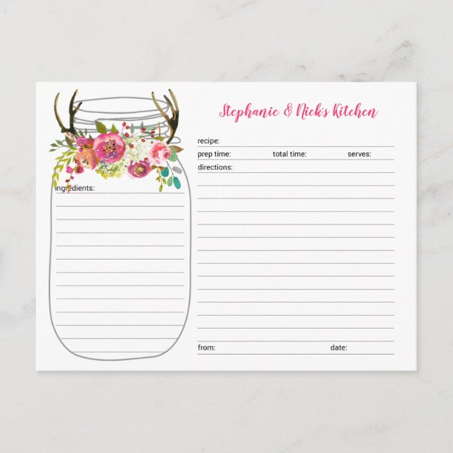 Tarjetas de Recetas de Mason Jar Cuernos Boho Rosa (Anverso)