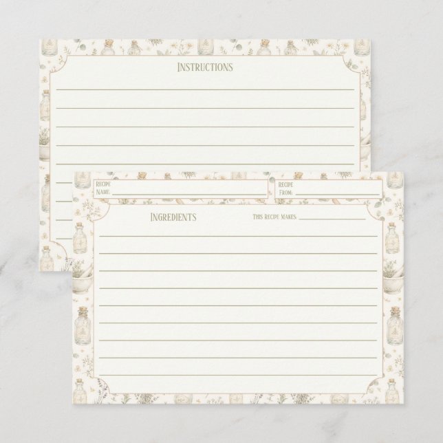 Tarjetas de Recetas de Patrón de Hierbas de Cocina (Anverso / Reverso)