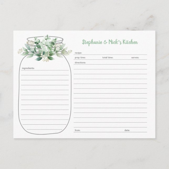 Tarjetas de recetas Eucalyptus Greenery Mason Jar (Anverso)