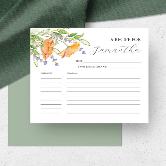 Tarjetas de recetas imprimibles Flores acuáticas (Printable recipe cards feature watercolor orange poppies & lavender flowers art Victoria Grigaliunas)