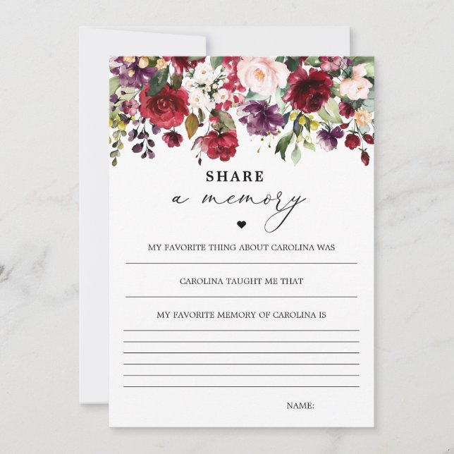 Tarjetas de recuerdo compartido floral borgoña muj (Anverso)