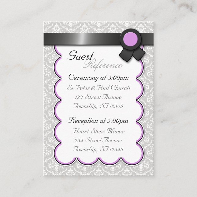 Tarjetas de referencia de bodas de damasco morado  (Anverso)