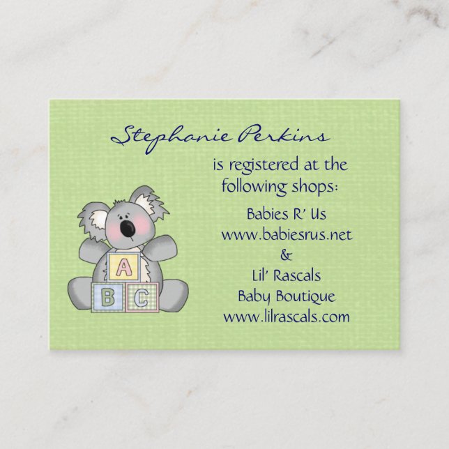 Tarjetas de registro de bebés de Koala (Anverso)