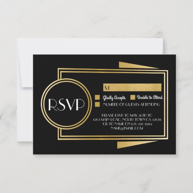 Tarjetas de respuesta Art Deco RSVP 1920's Gold Bl (Anverso)