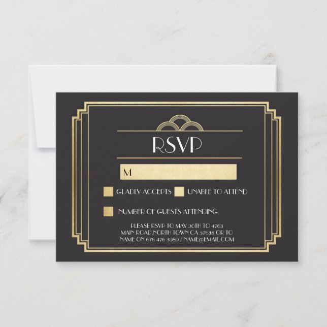 Tarjetas de respuesta Art Deco RSVP dorado y negro (Anverso)