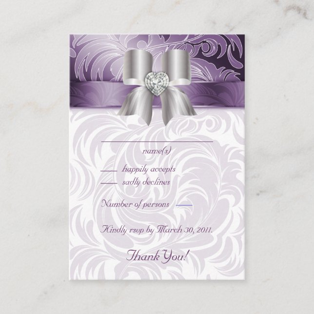 Tarjetas de respuesta boda Floral Leaf Purple Bow (Anverso)