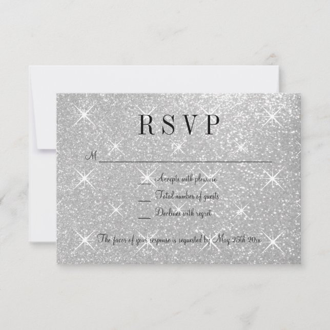 Tarjetas de respuesta boda RSVP purpurina de plata (Anverso)