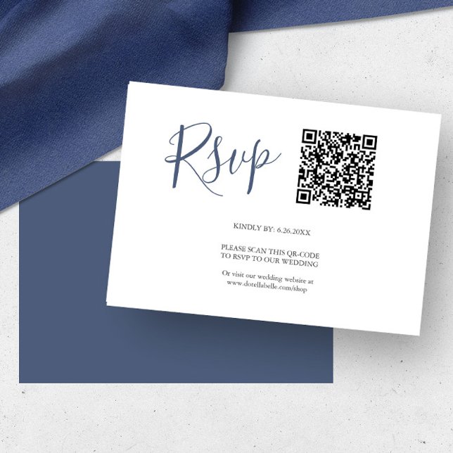 Tarjetas de respuesta con código QR azul marino (QR code rsvp cards navy blue by Victoria Grigaliunas of Do Tell A Belle)