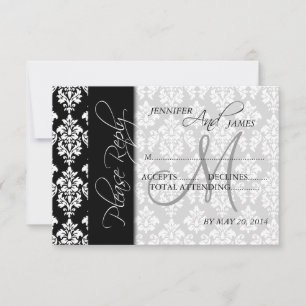 Tarjetas de respuesta de boda Black Damask 2 Monog