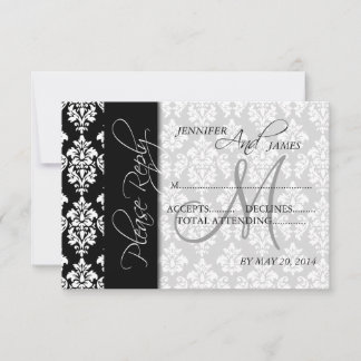 Tarjetas de respuesta de boda Black Damask 2 Monog