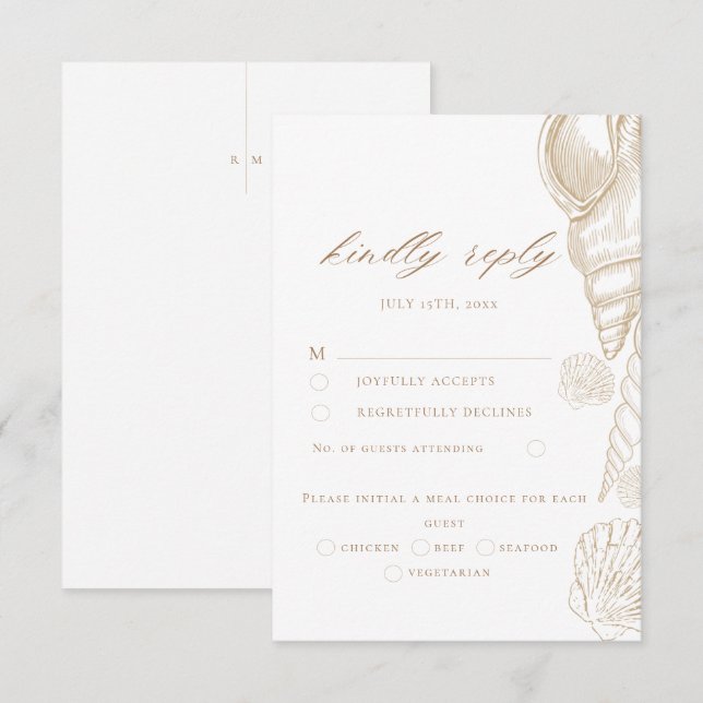Tarjetas de respuesta de boda con conchas doradas  (Anverso / Reverso)