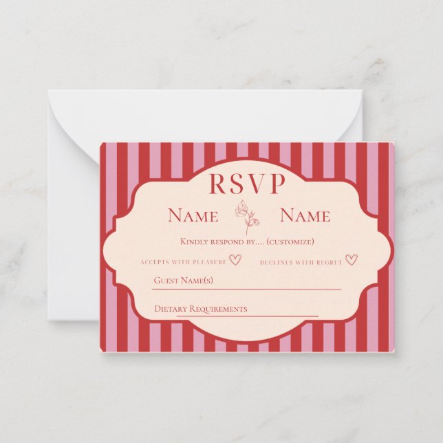 Tarjetas de respuesta de boda con rayas rojas y ro (Anverso)