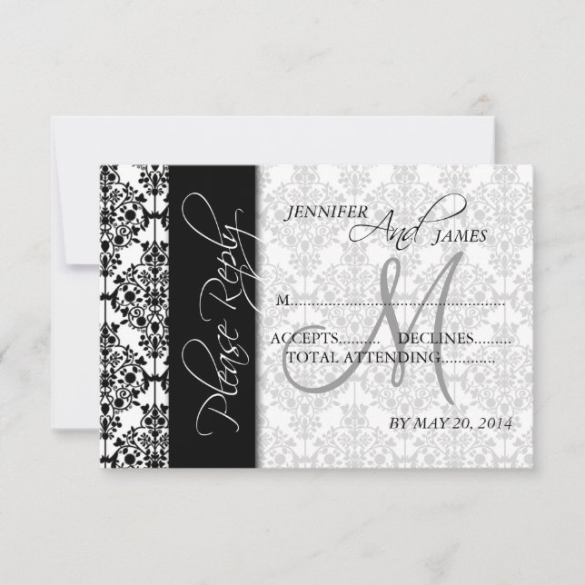 Tarjetas de respuesta de boda Damask Negro 5 Monog (Anverso)