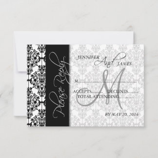 Tarjetas de respuesta de boda Damask Negro 5 Monog