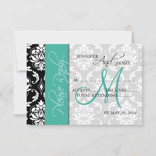 Tarjetas de respuesta de boda Damask Turquesa Mono (Anverso)