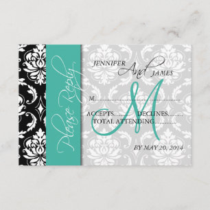 Tarjetas de respuesta de boda Damask Turquesa Mono