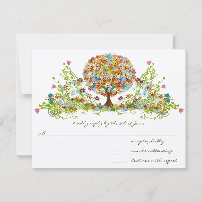 Tarjetas de respuesta de Boda de árbol de flor cap (Anverso)
