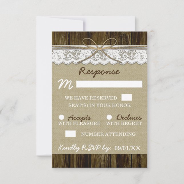 Tarjetas de respuesta de boda de arpillera y encaj (Anverso)
