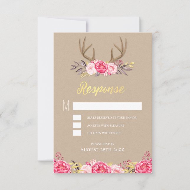 Tarjetas de respuesta de boda de peonía rústica y  (Anverso)