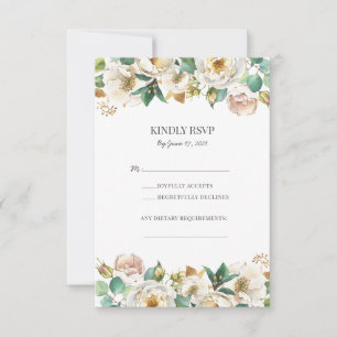 Tarjetas de respuesta de boda floral blancas y dor