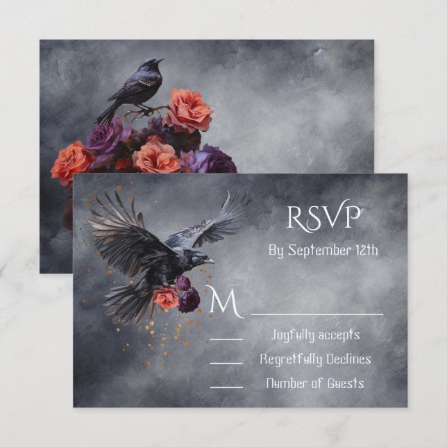 Tarjetas de respuesta de Boda floral Crow gótico R (Anverso / Reverso)