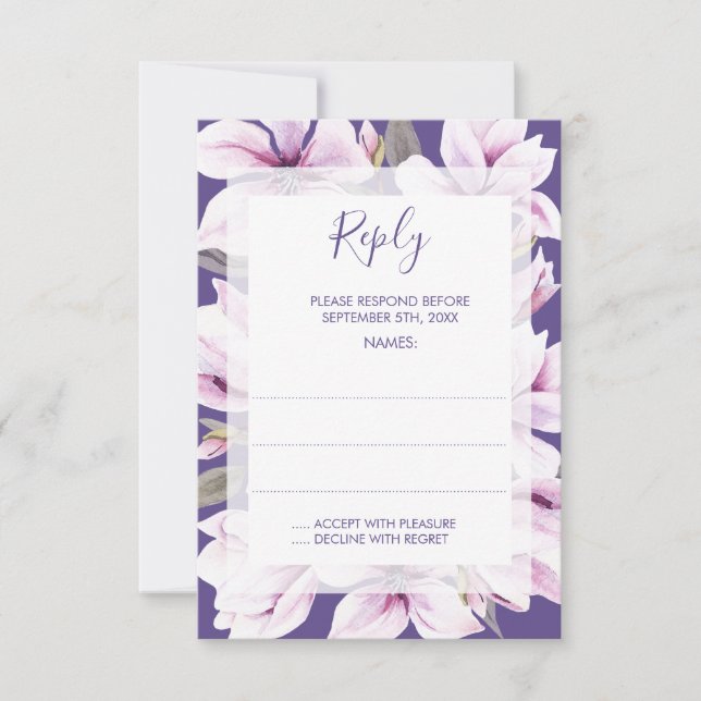 Tarjetas de respuesta de Boda Floral Magnolia Viol (Anverso)