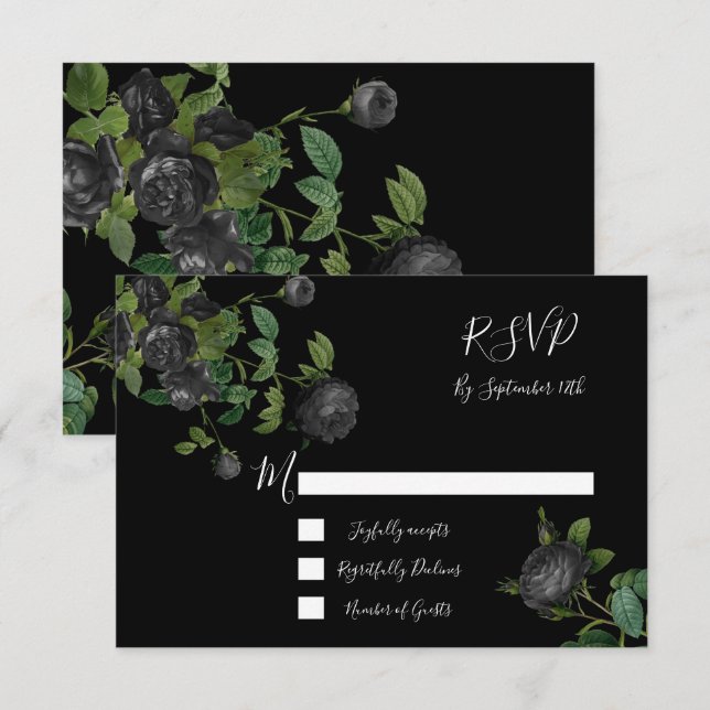 Tarjetas de respuesta de Boda Floral Negro RSVP (Anverso / Reverso)