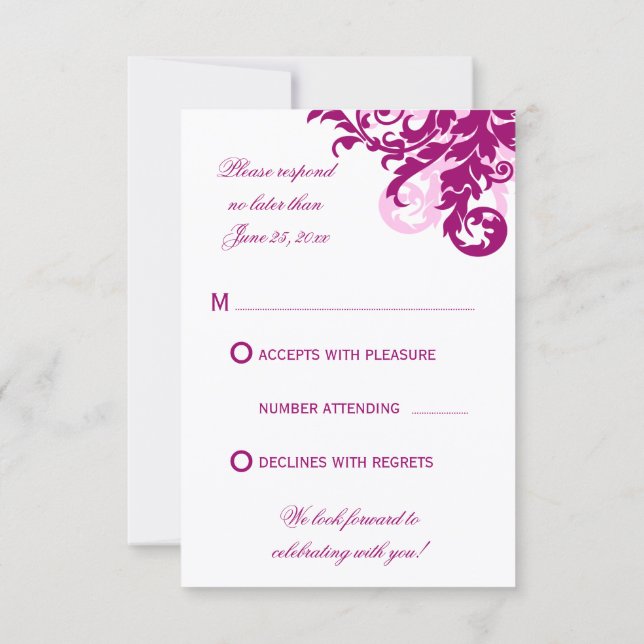Tarjetas de respuesta de boda Magenta Flourish (Reverso)
