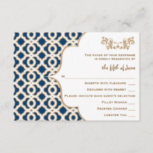Tarjetas de respuesta de Boda marroquí azul y oro 