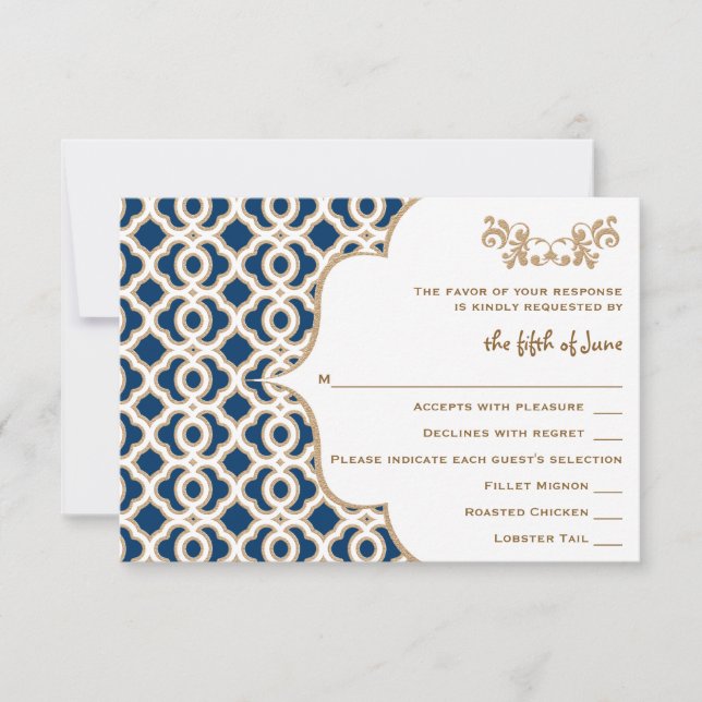 Tarjetas de respuesta de Boda marroquí azul y oro  (Anverso)