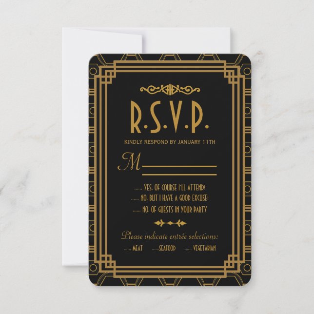 Tarjetas de respuesta de Boda negro Art Deco (Anverso)