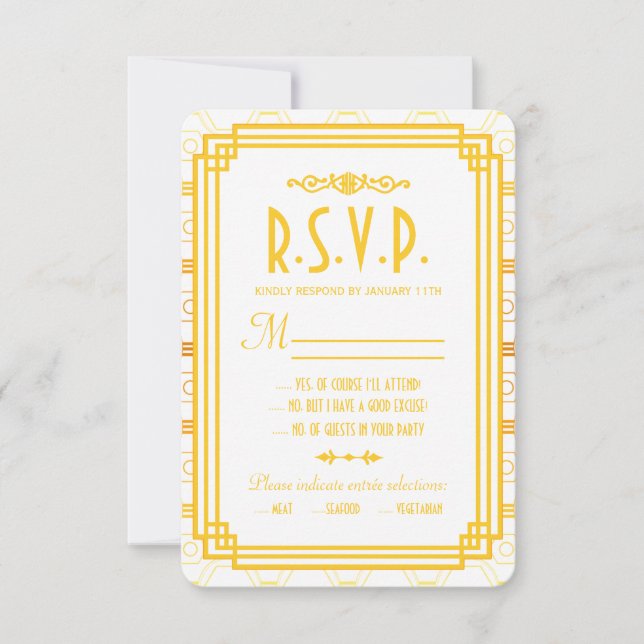 Tarjetas de respuesta de Boda oro Art Deco (Anverso)