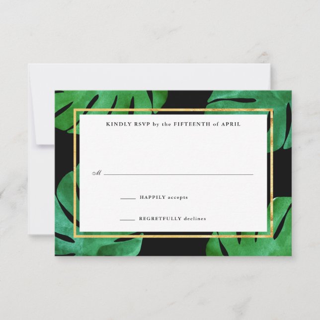Tarjetas de respuesta de boda tropical, negro y do (Anverso)