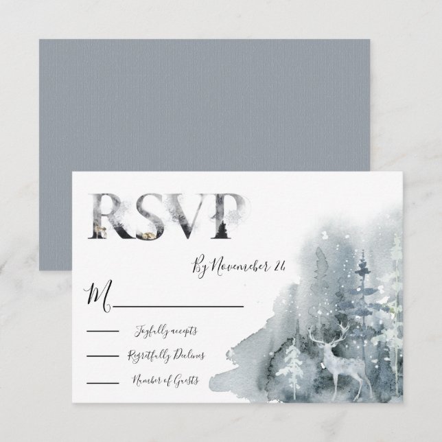 Tarjetas de respuesta de Boda Winter Woodland RSVP (Anverso / Reverso)