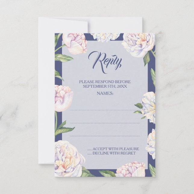 Tarjetas de respuesta del Boda azul floral de Peon (Anverso)