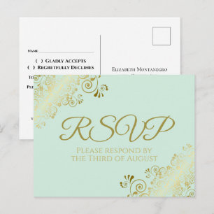 Tarjetas de respuesta doradas y elegantes sobre fo