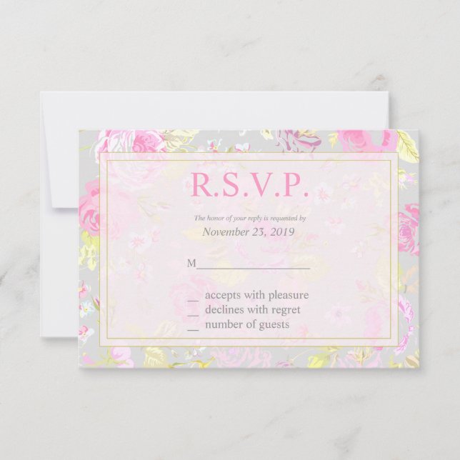 Tarjetas de respuesta floral rosada y gris de Shab (Anverso)