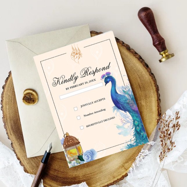 Tarjetas de respuesta musulmanas árabes de pavo re (illustrated peacock muslim rsvp wedding card)