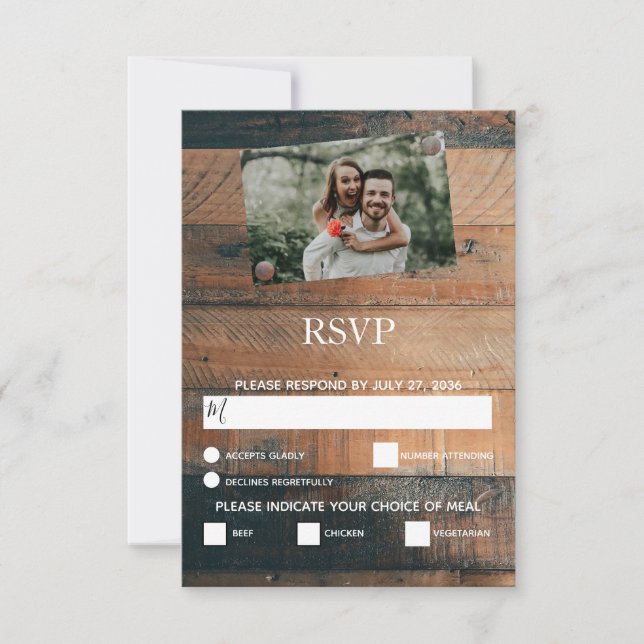 Tarjetas de respuesta para boda con foto de madera (Anverso)