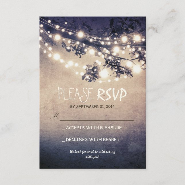 Tarjetas de respuesta para bodas con luces rústica (Anverso)
