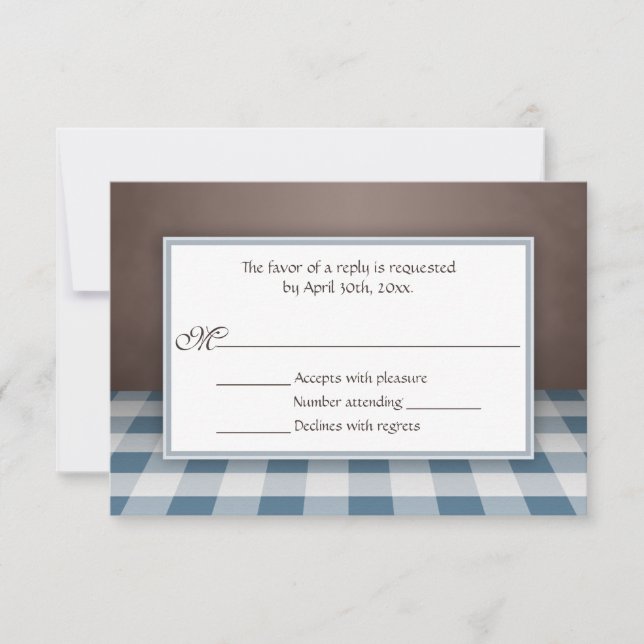 Tarjetas de respuesta RSVP de Blue Gingham Brown (Anverso)