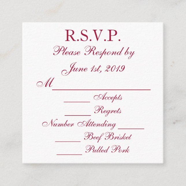 Tarjetas de respuesta RSVP de color rojo y blanco (Anverso)