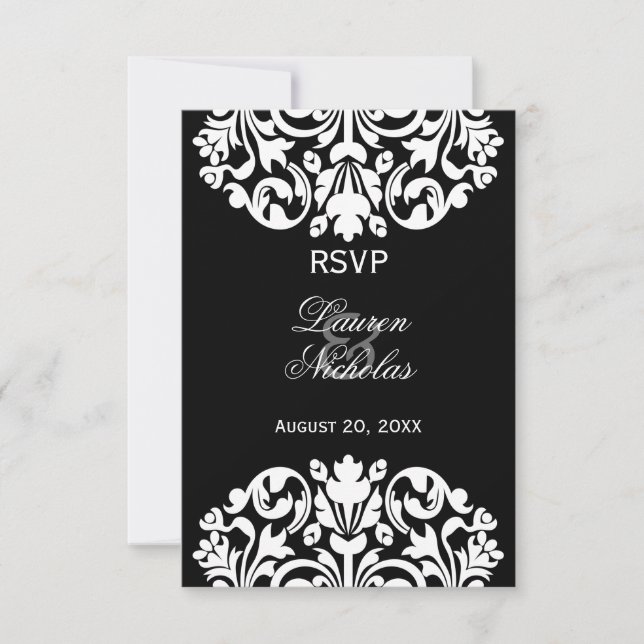 Tarjetas de respuesta RSVP de Damask en blanco y n (Anverso)