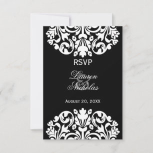 Tarjetas de respuesta RSVP de Damask en blanco y n