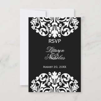 Tarjetas de respuesta RSVP de Damask en blanco y n